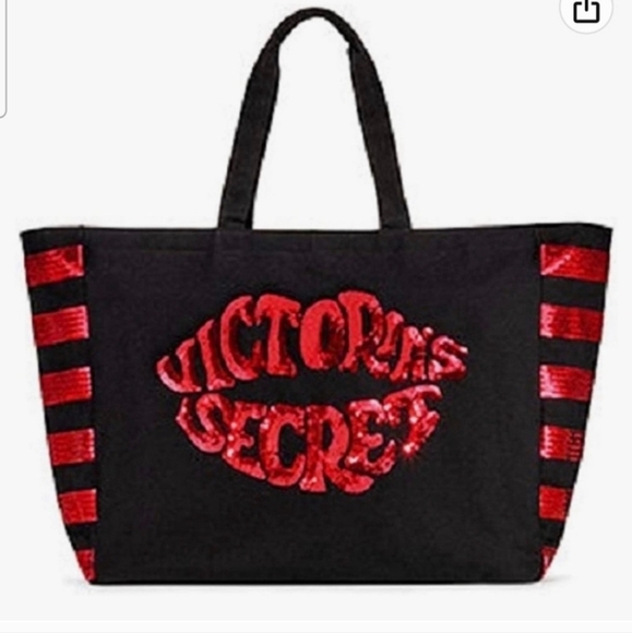 Nwt Victoria’s Secret Tote Bag Weekender Black and Red Lips Sequins Kiss Large - Picture 1 of 6